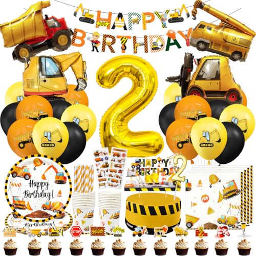 Decoración Cumpleaños Excavadora 2 Años, Vajilla para Fiesta de Construcción para Niños con Globos Vehículos, Vela 2 Años, Adorno para Tartas, Servilletas, Platos, Vasos, Pajitas (16 Invitados)