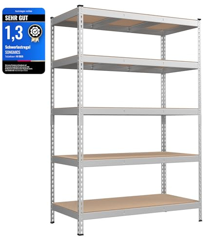 SONGMICS Schwerlastregal, 5 Ablagen, 60 x 120 x 180 cm | Standregal, Schnelle Montage, bis 875 kg belastbar, für Keller, Küche, Arbeitszimmer, Silber, COZORY Kollektion GLR600E01