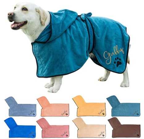 BFBZYME Albornoz con Capucha Personalizado para Perros con Nombre Bordado, Toallas Secadoras Personalizadas para Mascotas, Albornoz Suave Y Absorbente De Microfibra para Gatos(Emerald Blue)