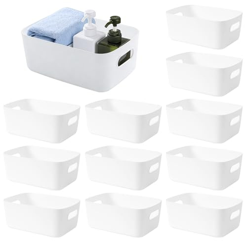 SAMSYOKI 12PCS Cestas Almacenaje de Plástico Cajas de Almacenamiento de Plastico con Asas Cajas Almacenaje Apilables Cestas Organizadoras para Estanterías Cocina Baño Armario Cosmético (Blanco M)