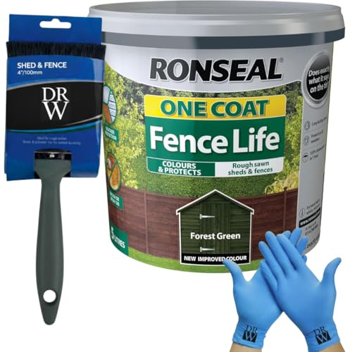 DRW One Coat Shed & Fence Protector 5L Forest Green + Free 4 Fence Paint Brush & Nitrile Gloves | Long-Lasting Weatherproof Wood Protection | One Coat Formula for Sheds, Fences & Timber