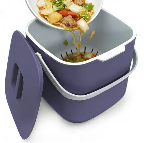 Xtrillogen 4L Kitchen Food Waste Bin,Countertop Small Compost Bin with Lid,Handle and Built in Strainer,Small Space Saving Design,Indoor Food Waste Caddy for Kitchen,Living Room,Bedroom(Purple)