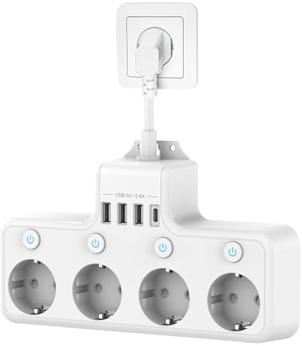 PLLYPE Steckdosenleiste mit USB, 4 Fach Mehrfachsteckdose mit Schalter, Steckdose 4fach mit USB, mehrfachsteckdose mit USB C und 3 USB-A, für Küche, Reise und Büro, Weiß