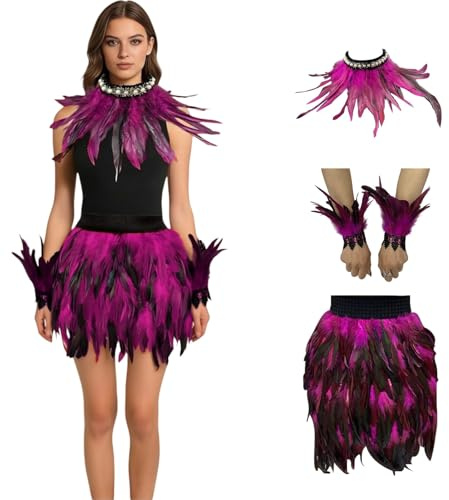 3er Pfau Kostüm für Damen zum Karneval Faschingskostüme Damen Pfau Kostüm Accessoires Natürlicher Federschal Poncho Feder Manschetten Tüllrock für Karneval Fasching Maskenball-faschingskostüme damen
