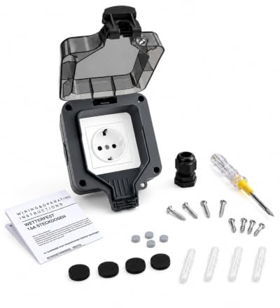 INVOLT 1-fach Außensteckdose Set, IP66 Schwarz Outdoor Steckdose, Abschliessbar Wandsteckdose für Garagen, Werkstätten, Gartenhäuser, mit Phasenprüfer/Schraubendreher