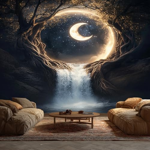Waterfall Wallpaper - Fantasy Tree Moon Wall Mural - Wall Murals for Living Room Bedroom - Photo Wallpaper & Home Decor Art - 250 x 175 cm A-6589