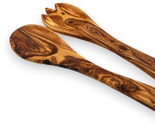 Olivenholz Salatbesteck Servierlöffel Set (Standard, 30 cm) – 2er Set Holzlöffel zum Servieren – Handgefertigt, langlebig & schonend für Geschirr