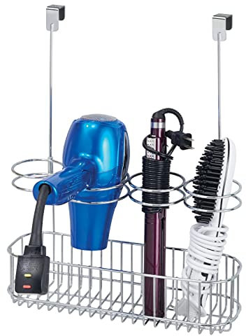 mDesign Fönhalter ohne Bohren – großes Türregal zur Fön Aufbewahrung im Bad – optimaler Badorganizer für Lockenstab, Glätteisen und Haartrockner – silberfarben