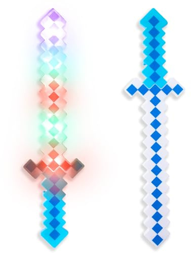 Fun Central 2-Pack LED 24” Light-Up Blue Pixel 8-Bit Toy Swords for Kids – Flashing Light Set, Gamer Stocking Stuffers & Party Accessories
