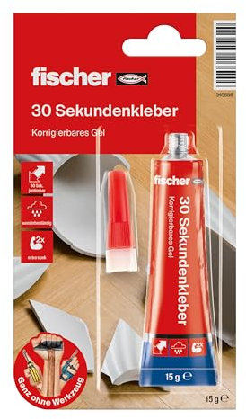 fischer 30 Sekundenkleber, korrigierbarer Kleber, klebt in Sekundenschnelle fast alle Materialien, kraftvoller Klebstoff, transparent, 15 g
