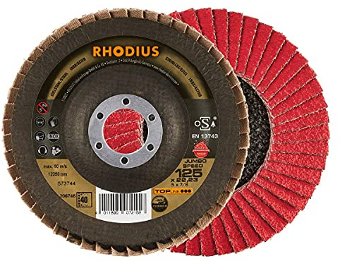 RHODIUS JUMBO SPEED EXTENDED 5x Profi Fächerschleifscheibe, Ø 125 mm Körnung 40, für Edelstahl, Stahl & Metall, für Winkelschleifer, Made in Germany