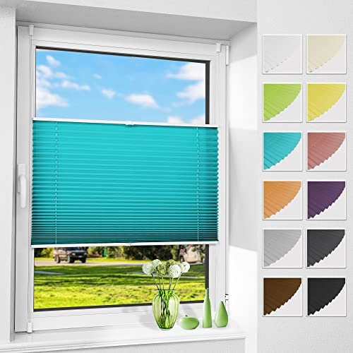 Allesin Plissee ohne Bohren Plissees Klemmfix Türkis 90x130cm(BxH), Plisseerollo Faltrollo mit Klemmträger, Jalousie Rollos für Fenster und Tür, Sichtschutz und Sonnenschutz