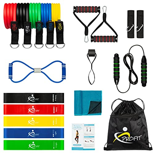 Profit Gomas elasticas musculación Resistencia - Kit Deporte en casa, Prueba Nuestro Set de Ejercicio, Kit Entrenamiento Fitness para Hombres y Mujeres, tu Gimnasio en tu casa