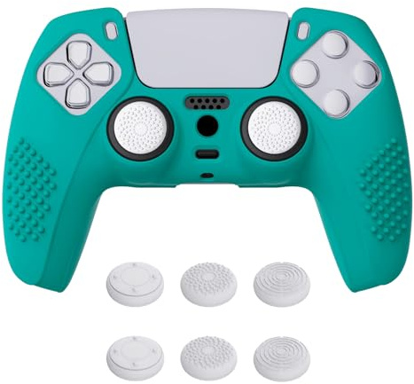 eXtremeRate PlayVital Funda de Silicona para ps5 Mando | Goma Suave, Agarre Antideslizante, 6 Tapas para Joysticks, Impermeable, Resistente, Diseño 3D Tachonado, Aqua Verde