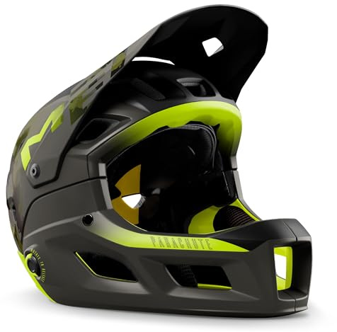 Casco Integrale Convertibile da Enduro, Trail e E-MTB MET Parachute MCR MIPS - Convertibile, Sicuro, Ventilato, Visiera Regolabile, Camo Lime Green, Matt Glossy