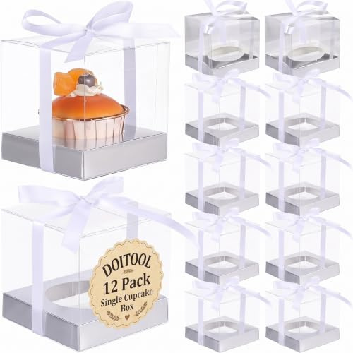 Single Cupcake Box Individual Cupcake Containers, 12Pack Clear Boxes Single Carrier Holder Container Boxes, Display (Silver)
