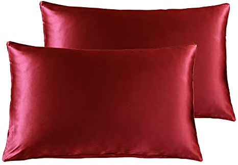 THXSILK 100% Seiden Kissenbezüge 2er Set 40x60cm, 19 Momme Maulbeerseide Kissen Überzug mit Reißverschluss für Haare, 2 Stück, Rot