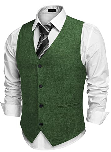 COOFANDY Men's Slim Fit Tweed Suit Vest Formal Business Herringbone Waistcoat Green Medium