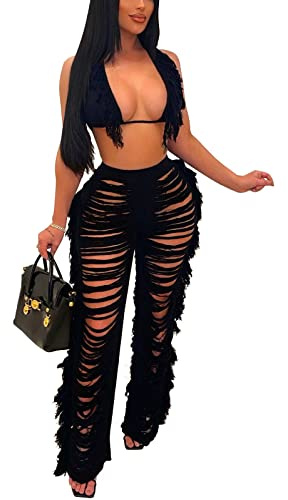 KANSOON Two Piece Sets for Women Sexy Crochet Outfits Halter Top Fringe Pants Night Out Clubwear for Summer Party Black S