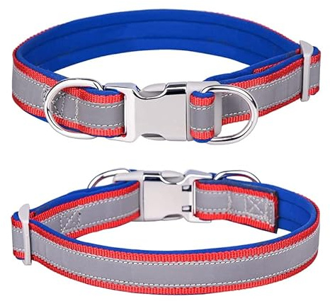 haoyueer Reflekterande hundhalsband i nylon med säkerhetsspänne, justerbara husdjurshalsband med mjuk neoprenstoppning för små/medium/stora hundar (M passform hals 31–50 cm, mörkblå)