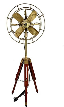 ANTIQUECOLLECTION Ventilador de trípode antiguo estándar con soporte de trípode de madera de aspecto moderno, decoración de pedestal de diseño para el hogar, sala de estar, oficina
