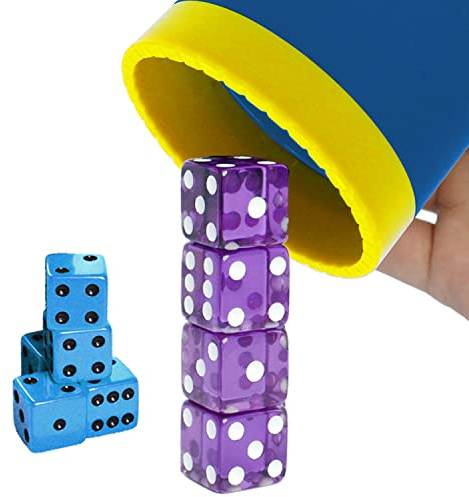 Dice Cup(Blue) Set with 4 Pcs 19mm(Puple) and 5 Pcs 18mm(Blue) Standard 6 Sided Dices, with Storage Bag