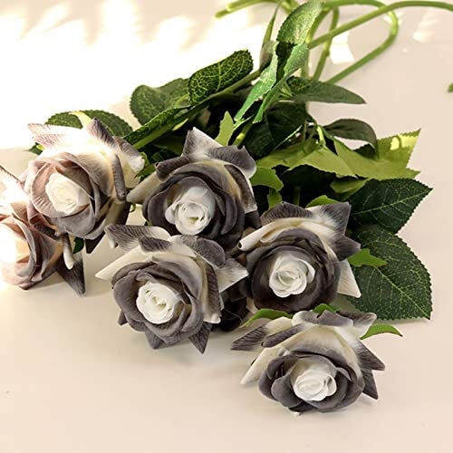 12 Stück schwarze Rose künstliche Blumen, 43 cm Real Touch Silk Rose Blumen mit langem Stiel und grünen Blättern, künstliche Rose Blumenstrauß für Hochzeit Zuhause Halloween Party Dekor