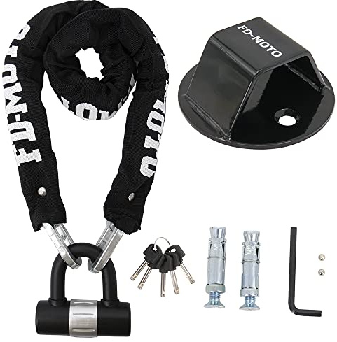 FD-Moto Steel Chain Lock + Ground Wall Anchor (2 Bolts) | Black/White 2.4Kg 1M*10mm Steel Anti-Theft Heavy Duty for Motorbike Motorcycle Scooter Bike Bicycle