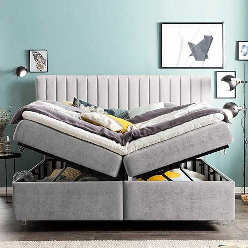 Boxspringbett mit XXL Bettkasten Paris 180x200 Samt, ohne Topper, Acryl-Füße, Hotelbett, Polsterbett, 7 Zonen Taschenfederkern-Matratze, Aufbau KOSTENLOS (Silber, 180x200 cm ohne Topper)