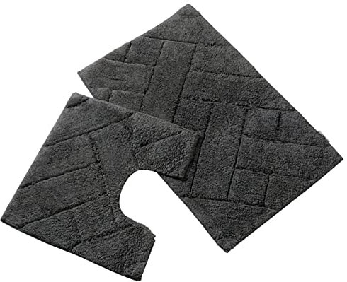 Olivia Rocco Bali 2 Piece Bath Mat Set Super Soft 100% Cotton Easy Care Plush Bath Rug + Toilet Mats Water Absorbent Pedestal Bathmat For Bathroom Toilet Shower, Charcoal