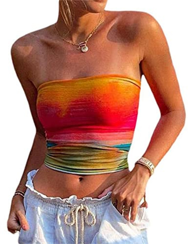 Murnouche Women Y2k Tube Top Strapless Tie Dye Bandeau Tops Going Out Summer Outfits Orange L