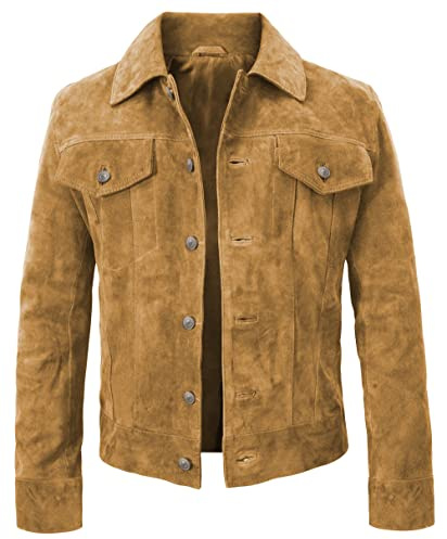 LP-FACON Veste de camionneur en daim noir pour homme Marron vintage, Marron clair - Cuir suédé, M Trucker