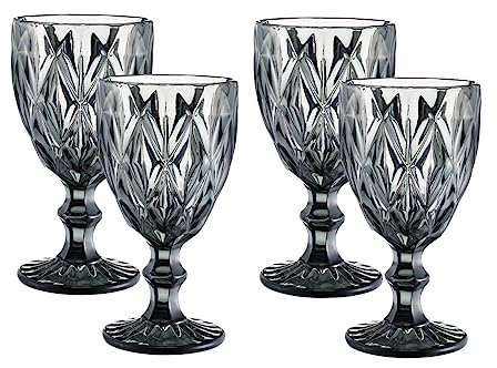 HIUHIU Vintage Weingläser 4Er Set, 8 oz Farbige Weinkelche Glas Gestieltes Wasser Trinken Glaswaren Mit Geprägtem Muster Für Hochzeit/Party/Bar,Grau,Rhombus