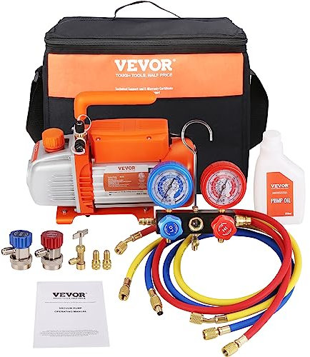 VEVOR Kit Pompa a Vuoto Monostadio per Aria Condizionata di Automobili 150W Pressione tra 55-276 Bar, Kit Pompa Vuoto 100 L/min per Riparazione di Condizionatore Frigo Refrigeranti HVAC