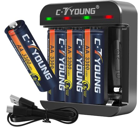 1.5 V Rechargeable Lithium AA Batteries with Charger, Pack of 4 AA Batteries Rechargeable 3300 mWh with 1.5H Smart Quick Charge