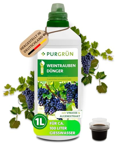 Purgrün® Bio-Weintrauben-Dünger 1 Liter – Organische Rezeptur – Premium-Flüssigdünger – NPK 4+1+7 – Mit Algenextrakt & Vinasse – Extra Kalium für aromatische Trauben – Ohne tierische Inhaltsstoffe