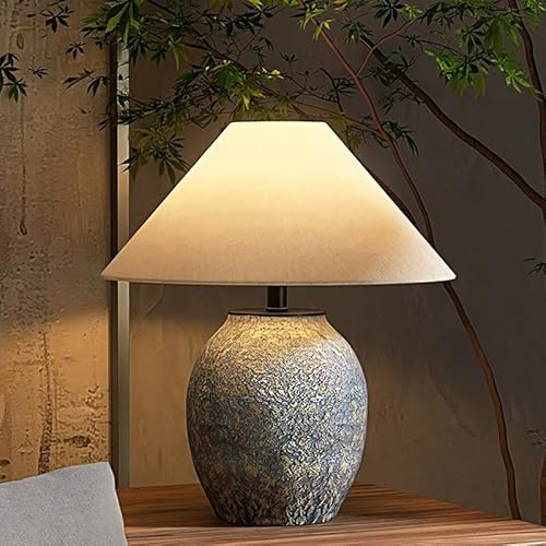 Bofea-Rustic Farmhouse Table Lamps,Ceramic Table Lamp for Bedroom, Living Room, Dining Room, Office,with Ivory Tapered Drum Shade Atmosphere Lamp. (Image Color)