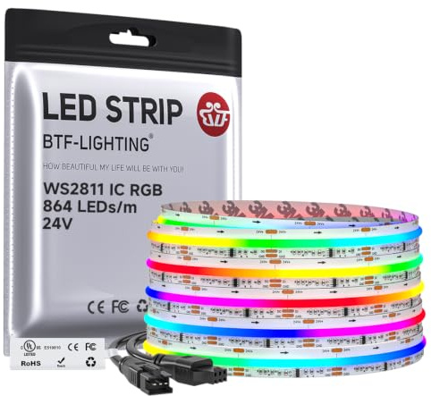 BTF-LIGHTING COB RGB WS2811 IC Adressierbares LED-Streifen 24V 5m 864LEDs/M | FCOB Chasing Farbe, Flexibel Hohe Dichte LED-Band, 12mm Weiß PCB IP30 Nicht Wasserdicht (nur Streifen)