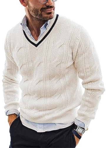 VaiKanhai Maglione da Uomo con Scollo a V in Maglia Fine Pullover con Motivo a Treccia Imbottito Maglione Vintage Maglione da Uomo Caldo Invernale Maglione da Uomo Moda Sottocamicie da Uomo Maglione