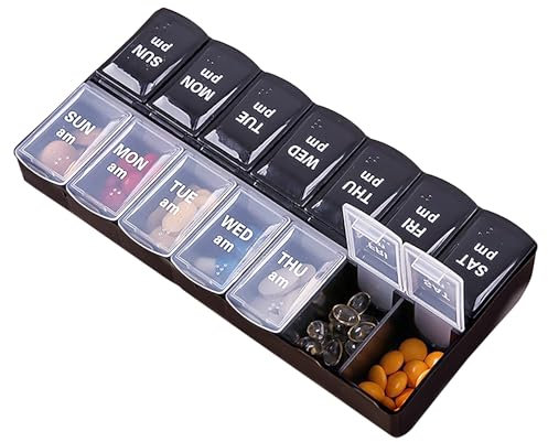 WOLMIK Weekly Pill Organiser with Am/Pm Compartments, Tablet Storage Box, Travel Pill Boxes, BPA-Free Medication Organizer, Easy to Open Daily Pill Case to Hold Vitamins, Cod Liver Oil and Medication