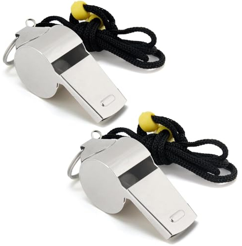 Cheerhom 2 Sifflets, Sifflets de Survie, Acier Inoxydable Sifflet Arbitre, Sifflet De Sport avec Cordon pour Les Entraîneurs, Les Arbitres, Argent