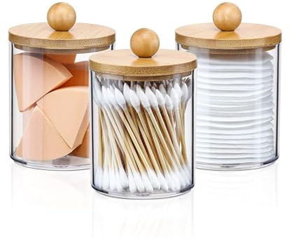 DIYOHFE 3PCS Acrylic Qtip Dispensers Holders With Wood lid, Clear Bathroom Round Countertop Storage Organizer Canister for Cotton Balls,Swabs,Pads,Bath Salts ,Makeup Sponges,Tooth Floss