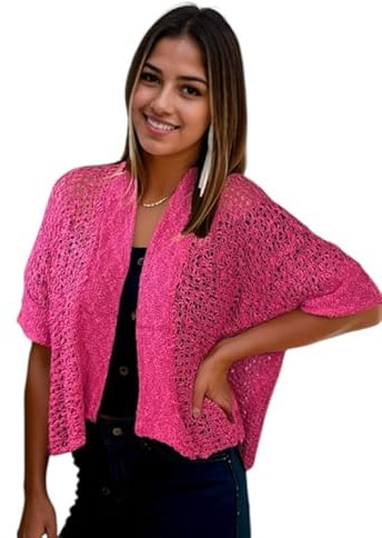 Ladies' Knitted Short Sleeve Popcorne Cardigan, Open Front Crochet Bolero Shrug Fishnet Summer Holiday Beach (UK, Numeric, 8, 22, Regular, Regular, Fuchsia)