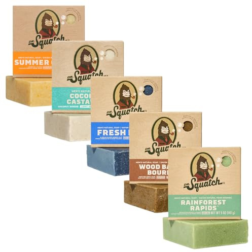 Dr. Squatch Naturliga Herr Tvål Gåva Set - Kald Process Kroppstvål med Naturliga Oljor - Gåvor för Män - Summer Citrus, Coconut Castaway, Fresh Falls, Wood Barrel, Rainforest Rapids (142 g, 5-pack)