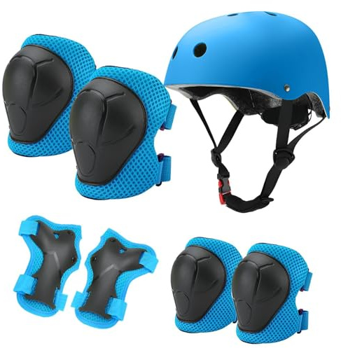 KATLKIU Set di casco protettivo per bambini con casco regolabile, ginocchiere, gomitiere e poggiapolsi per pattinaggio, bicicletta, pattinaggio, scooter e altri sport all'aria aperta (Blu)