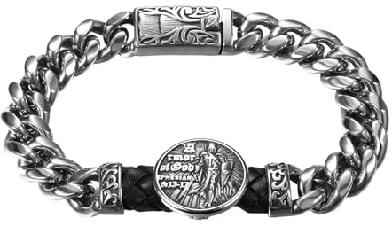 JewelryWe Pulsera de San Miguel de Hombre: Brazalete de Arcángel Cadena Cubana Vintage de Acero Inoxidable y Cuero con Tarjeta Joyería Religiosas Regalo para Padres y Novios