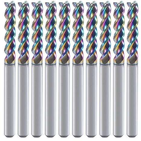 Lot de 10 fraises carrées en carbure de tungstène pour applications en aluminium et cuivre, 3,175 mm de diamètre, tige de 3,175 mm, revêtement DLC, fraises CNC, embouts de fraisage final, 3,175 x
