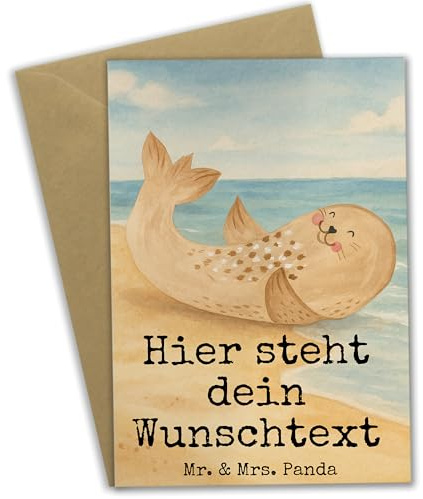 Mr. & Mrs. Panda Personalisierte Karte Robbe Liegen Design - Geschenk, Grußkarten Personalisiert, Ostsee, Gute Laune, Freude, Robben, Seehund, individuelle grußkarte, Nordsee, personalisierbar, Strand