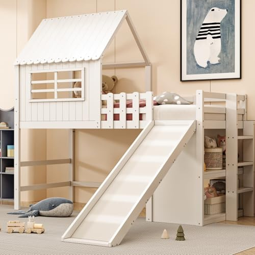 Sweiko Lit Mezzanine pour Enfants 90 x 200 cm, Cadre de lit Simple Multifonctionnel en Bois Massif avec échelle et Toboggan de sécurité, Compartiments de Rangement Multicouches (White)