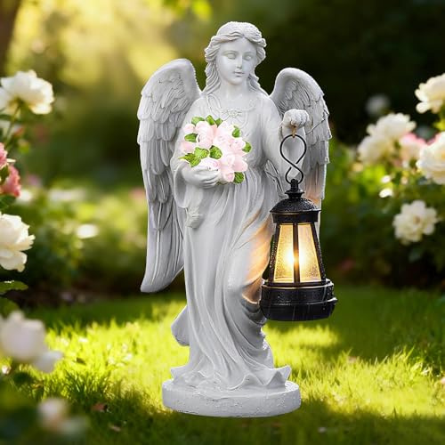 Nzkeuf Statues de Jardin Solaires, Deco Jardin Exterieur, Résistante aux intempéries Statue des Anges, pour Patio, Porche, Cour, Balcon, Cimetière, Tombe, Statue d'ange Bouquet